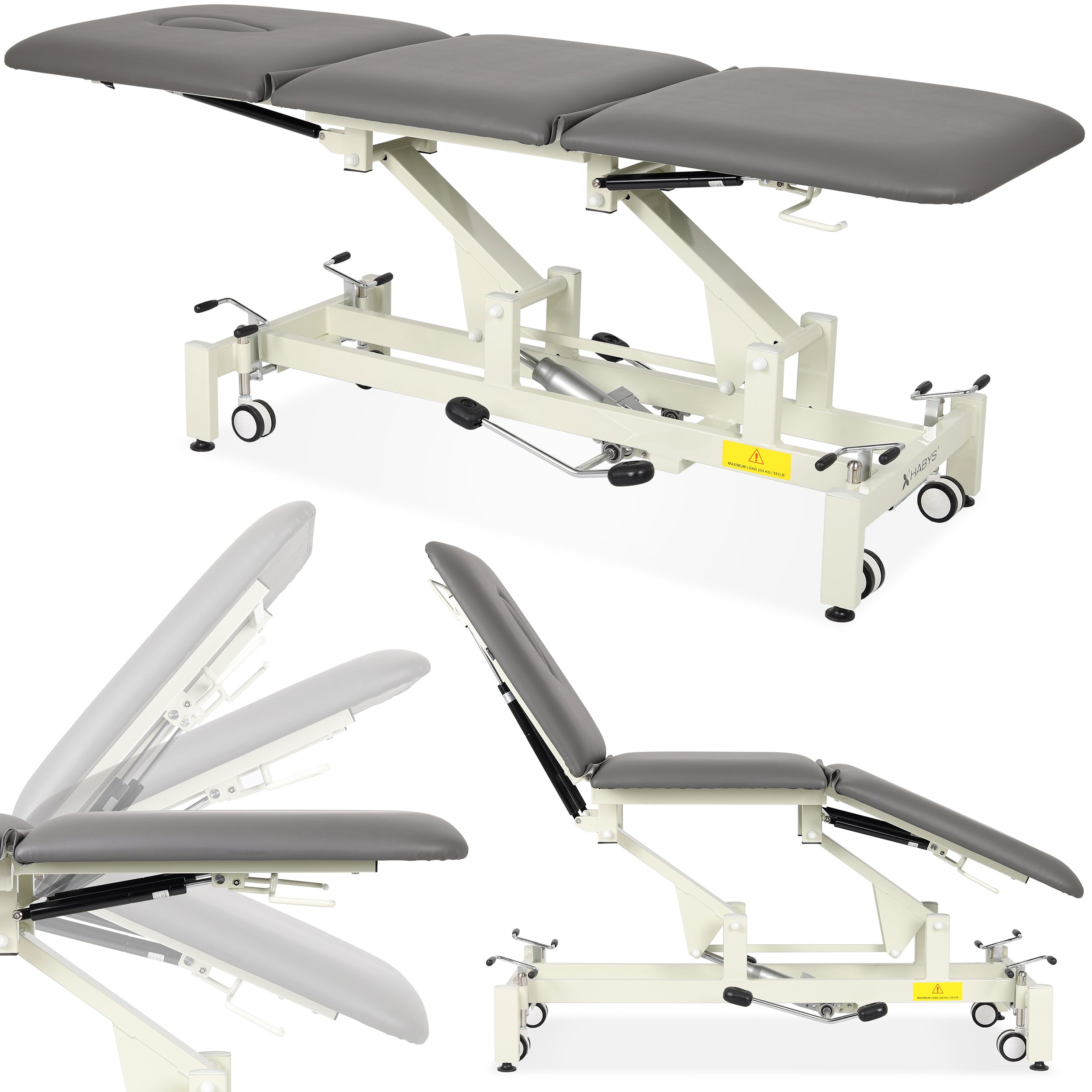 Ultima H3 therapy table, hydraulic adjustment, wheels, PVC gray